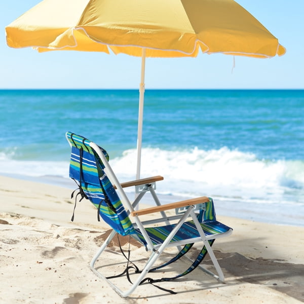 Folding Beach Chair, 4 Position Portable Backpack Foldable Camping Chair with Headrest Cup Holder and Wooden Armrests, Blue & Green Stripes