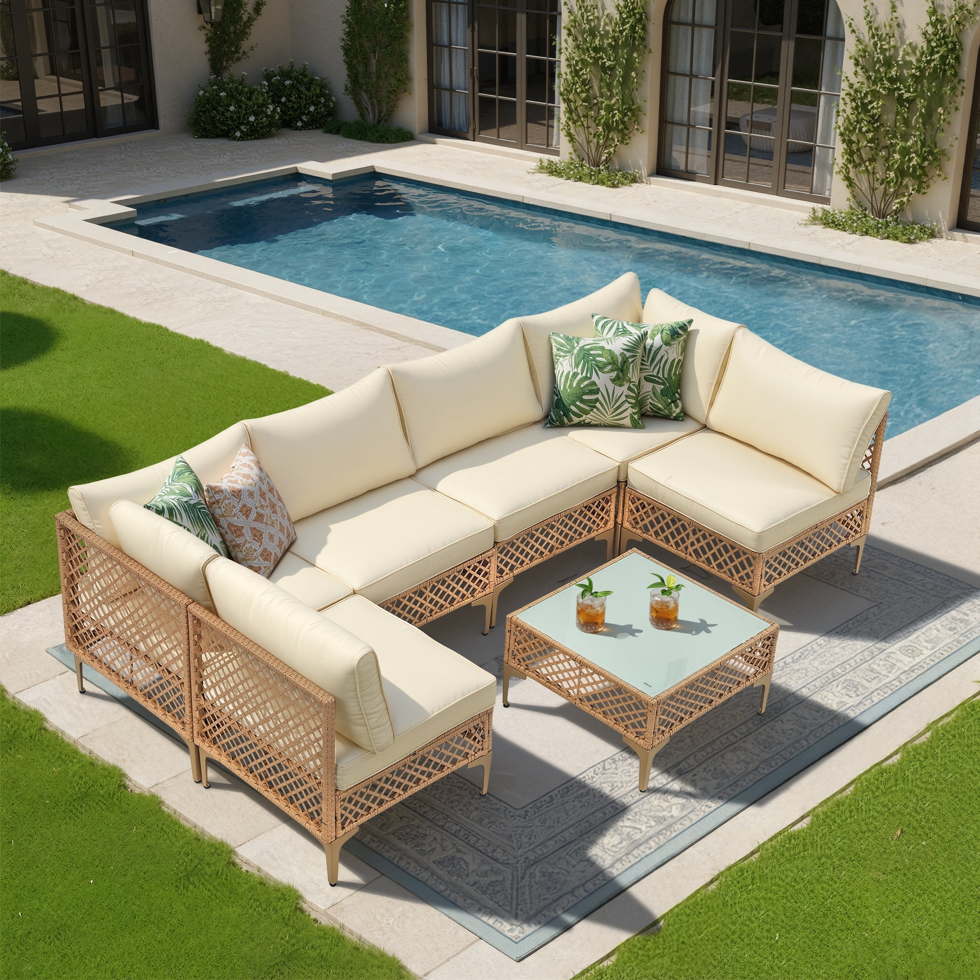 FHFO 7-Piece Patio Furniture with Tea Table,Rattan Wicker Outdoor Sectional Furniture Sofa Conversation Set,Bohemian Style Courtyard Dialogue Set, for Backyard Poolside Porch Garden, Yellow/Beige