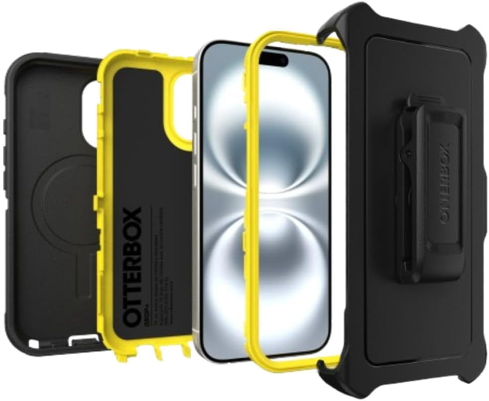 OtterBox iPhone 16 (Only) Defender Series MagSafe Case, Night Rever (Yellow & Black),Holster Clip Included, Built-in Magnets, Screenless, Rugged & Durable, with Port Protection, Non-Retail Packaging