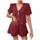 thumbnail image 1 of Camisas de Color Sólido para Mujeres Verano Manga Corta Cuello en V Cuello Delantero Corbata Camisa Pantalones Cortos Conjunto, 1 of 8