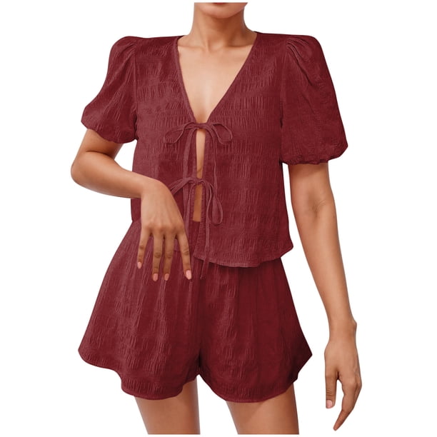 Camisas de Color Sólido para Mujeres Verano Manga Corta Cuello en V Cuello Delantero Corbata Camisa Pantalones Cortos Conjunto