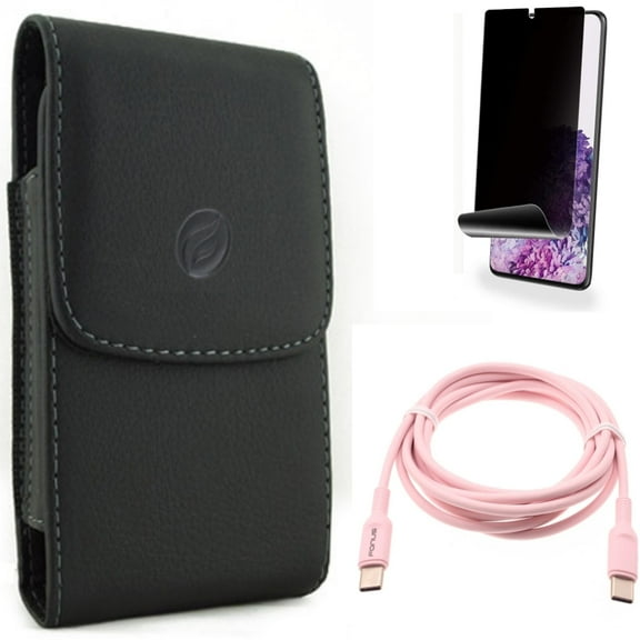 Privacy Screen Protector w Pink 6ft Long Cable w Case Belt Clip for Samsung Galaxy S20 Plus - TPU Film [NOT GLASS] [Fingerprint Works], USB-C to Type-C PD Fast Charger Cord fits Galaxy S20 Plus
