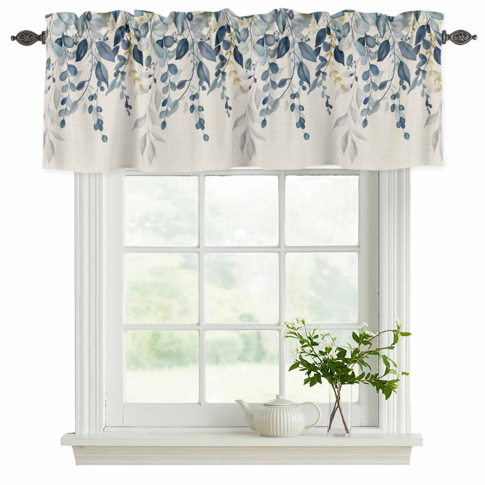 2 Pack Valances for Windows, Navy Blue Eucalyptus Window Valances for Living Room/Bedroom/Bathroom, Farmhouse Weeping Leaves Linen Light Filtering Kitchen Curtain Valance 42"W x12" L