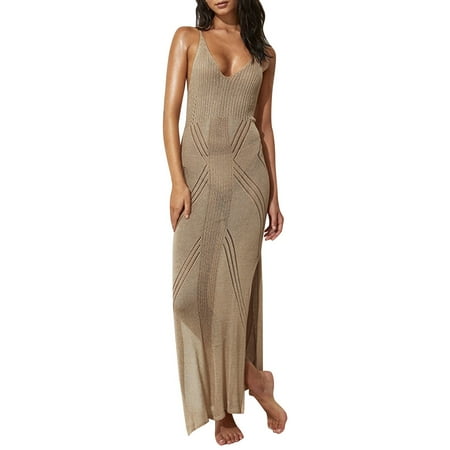 Womens Swimsuit Cover Up Beach Dress Suspender Knitted Bikini Cover Up Holiday Long Dress Swimwear Dress Women Khaki Womens Swimsuits