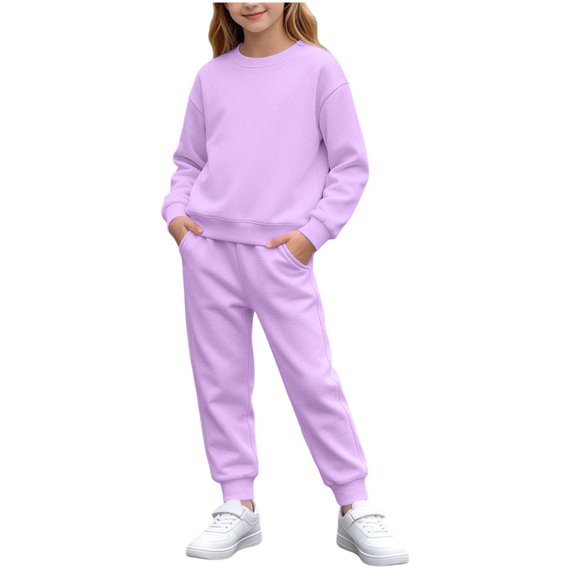 Gytharion 1Y-13Y Kids 2PC Solid Color Fleece Sweatsuits Winter Warm Loungewear Sweatshirt Sets Crew Neck Pullover Long Sleeve Sweatshirts with Elastic Waist Jogger Sweatpants Tracksuits