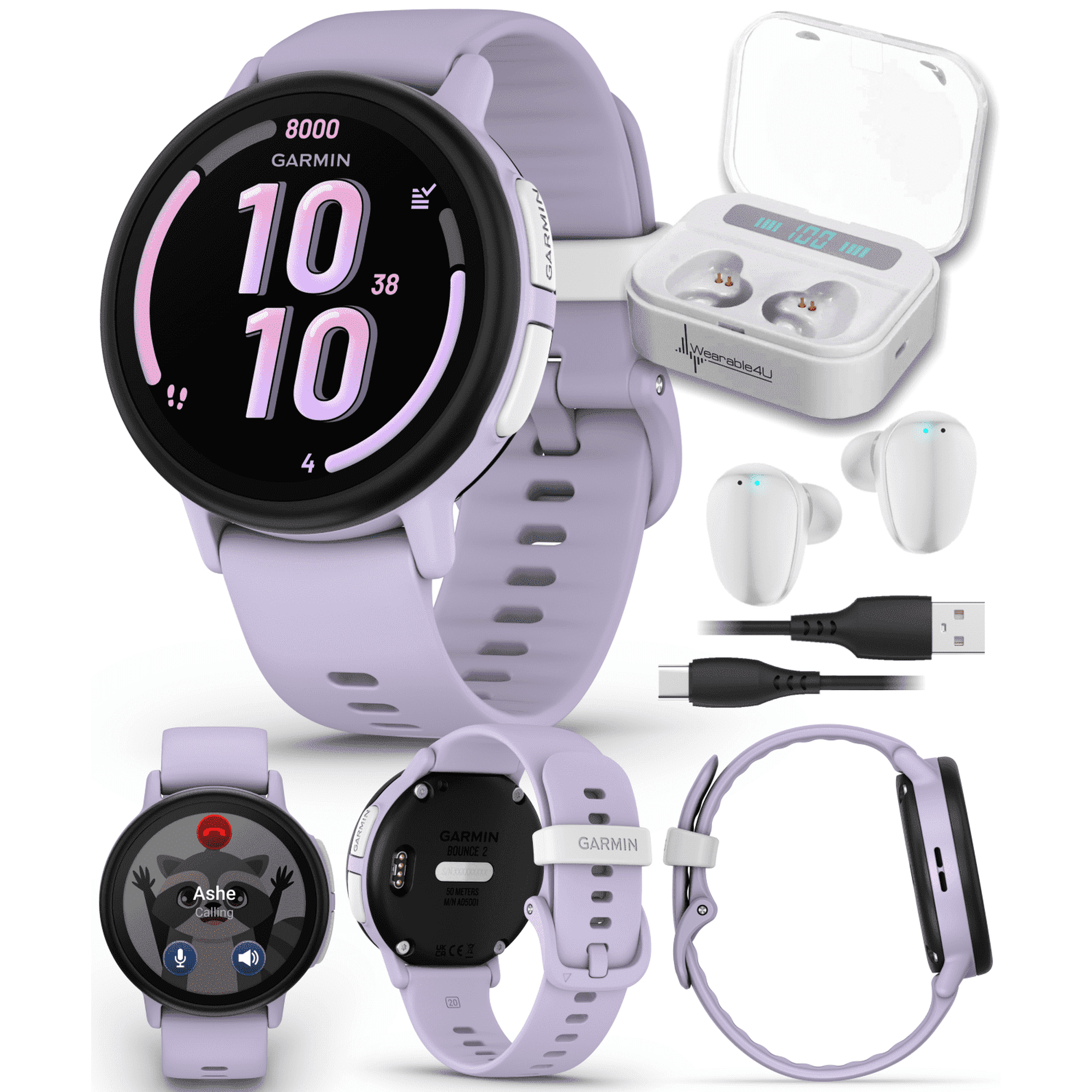 Garmin Bounce 2 Kids Smartwatch with LTE – Two-Way Calling, Text Messaging, Real-Time GPS Tracking, Swim-Friendly AMOLED Display, Music, Light Purple w/Wearable4U White EarBuds Bundle