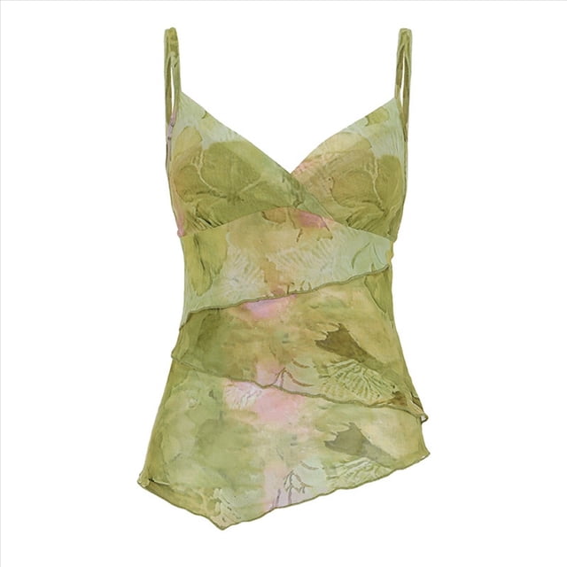 Blusas Florales Y2K para Mujer, Cuello en V, Dobladillo Irregular, Sin Mangas, Tirantes Finos Verde L
