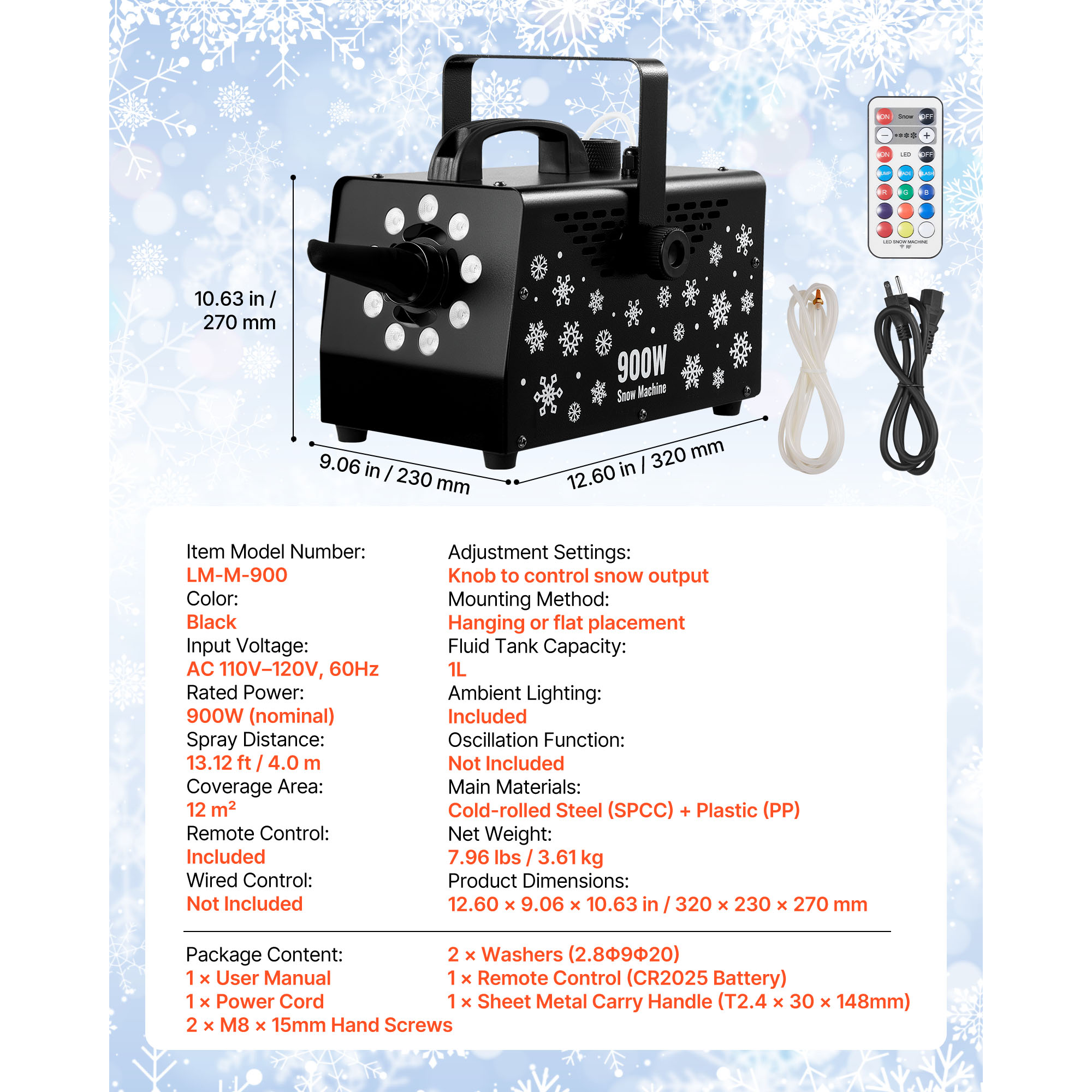 KFFKFF 900W Snow Machine with 9 LED RGB Lights, 12 Color Options, and Wireless Remote, Versatile Handheld or Hanging Design, 1L Tank for Outdoor Snow Effects at Christmas Parties