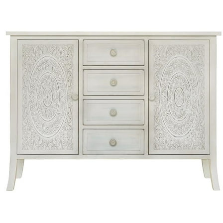 Pemberly Row Antiqued Carved Large Transitional Wood Cabinet in White