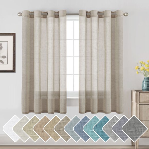 Decorative Home Fashion Linen Sheer Drapes Light Filtering Solid Curtains for Window, 1 Pair Natural Open Weave Linen Curtains Sheer Grommet Top (Set of 2, 52 by 63 Inch, Taupe)