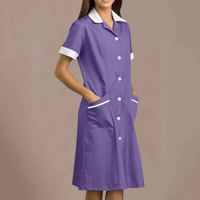Tidyack ,Bon Rapport Qualité-Prix,Robe d'Infirmière à Revers, Robe de Travail Unie, Poches + Empiècement à Boutons, Longueur Midi, pour le Personnel de la Santé, Tenue de Travail Professionnelle, Mélange de Coton, Coupe Nette, Uniforme Quotidien