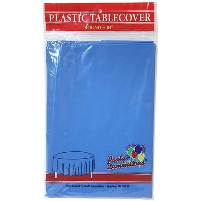 Party Dimension Tablecloth - 84" x 84" - Plastic Disposable Medium Blue Round Tablecover for Weddings, Banquets, Parties : 4 Count