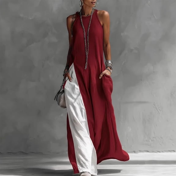 Blmnix Tank Dress Womens Dress Flowy Dresses with Pockets Slip Dress Dresses Sleeveless Maxi Crew Neck Red Adaptable Womens Summer Dresses S