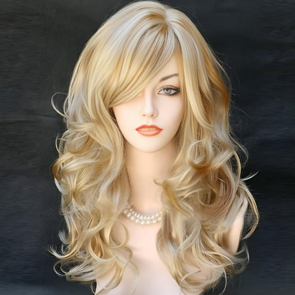 Blonde Wig With Bangs Long Blonde Curly Wigs for Women Heat Resistant Synthetic Hair Wavy Blonde Highlights Wigs for Women 22 Inches