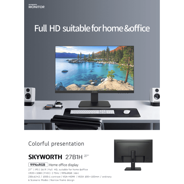 Skyworth 27 inch Monitor Full HD 1080p 75Hz, 8bit 99% sRGB Widescreen ...
