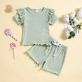 thumbnail image 2 of 18-24 Months 6-9 Month Girl Clothes Baby Girl Outfits Toddler Baby Girls Clothes Solid Plain Rib Ruffle T-shirt + Shorts With Drawstring Cute Summer Short Set Green, 2 of 8