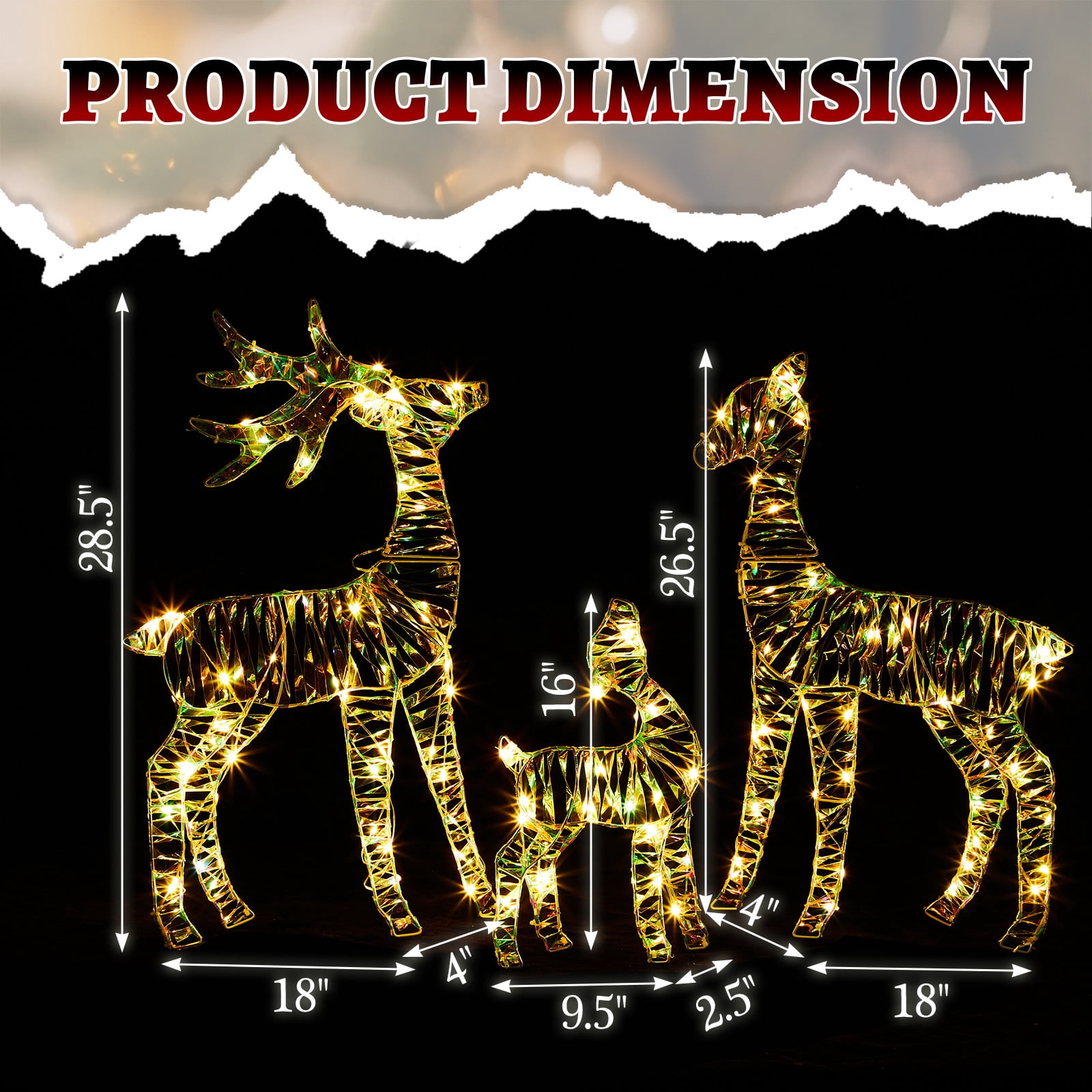 3pcs 2.4FT 2D Family Elk Iron Frame Courtyard Elk Decoration