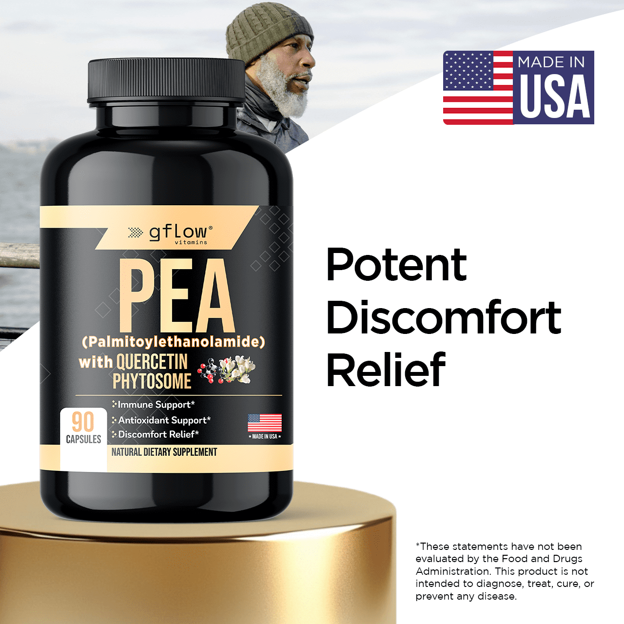Gflow Vitamins PEA Supplement with Quercetin Phytosome 1,000 mg | Micronized PEA (Palmitoylethanolamide) 99% Highly Purified | Discomfort relief supplement in capsules made in the USA