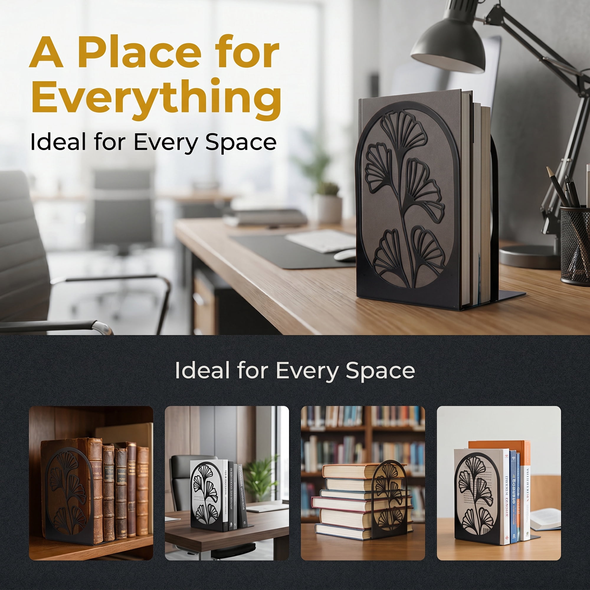 Unique Bargains Decorative Non-Skid Hollow-out Metal Bookends for Home Black  Style B 4.7"x3.5"x7"