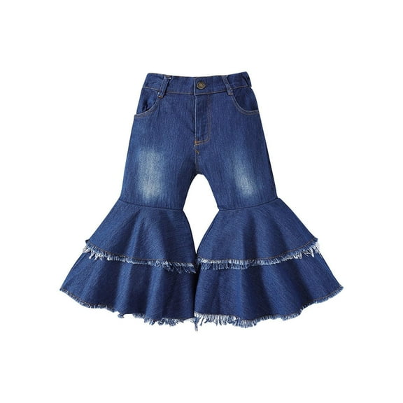 Lenpel Toddler Baby Girls' Flare Jeans Elastic Waist Hem Bell Bottom Denim Pants Stretchy Casual Trousers