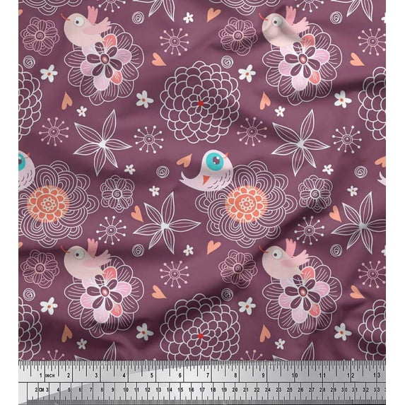 Soimoi Satin Silk Fabric Heart,Floral & Bird Kids Printed Craft Fabric by The Yard 42 Inch Wide