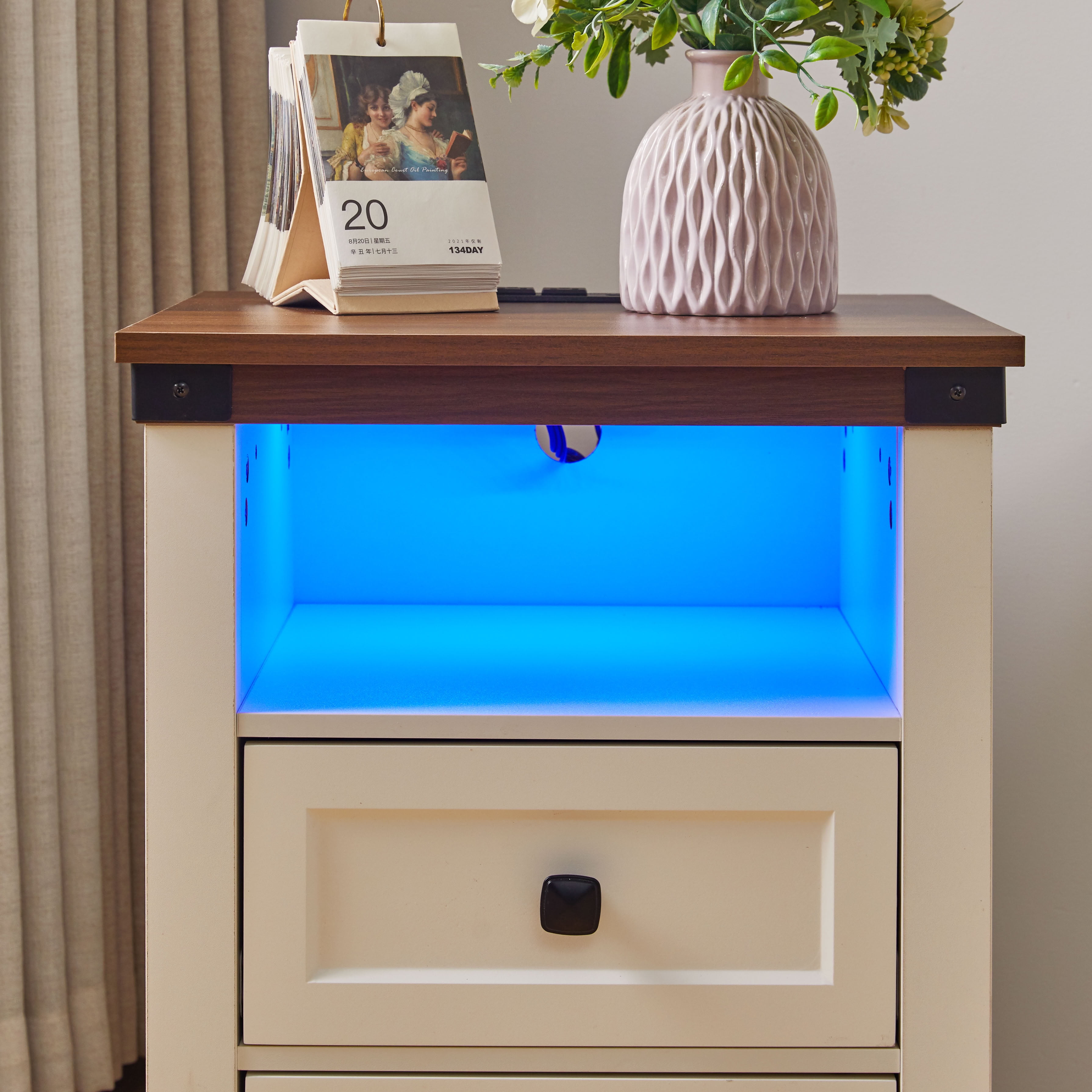 MAYEERTY Farmhouse Nightstand with Charging Station, 2 Drawers & Open Shelf, Wood Bedside End Table with USB Ports & AC Outlets for Bedroom Living Room Small Spaces