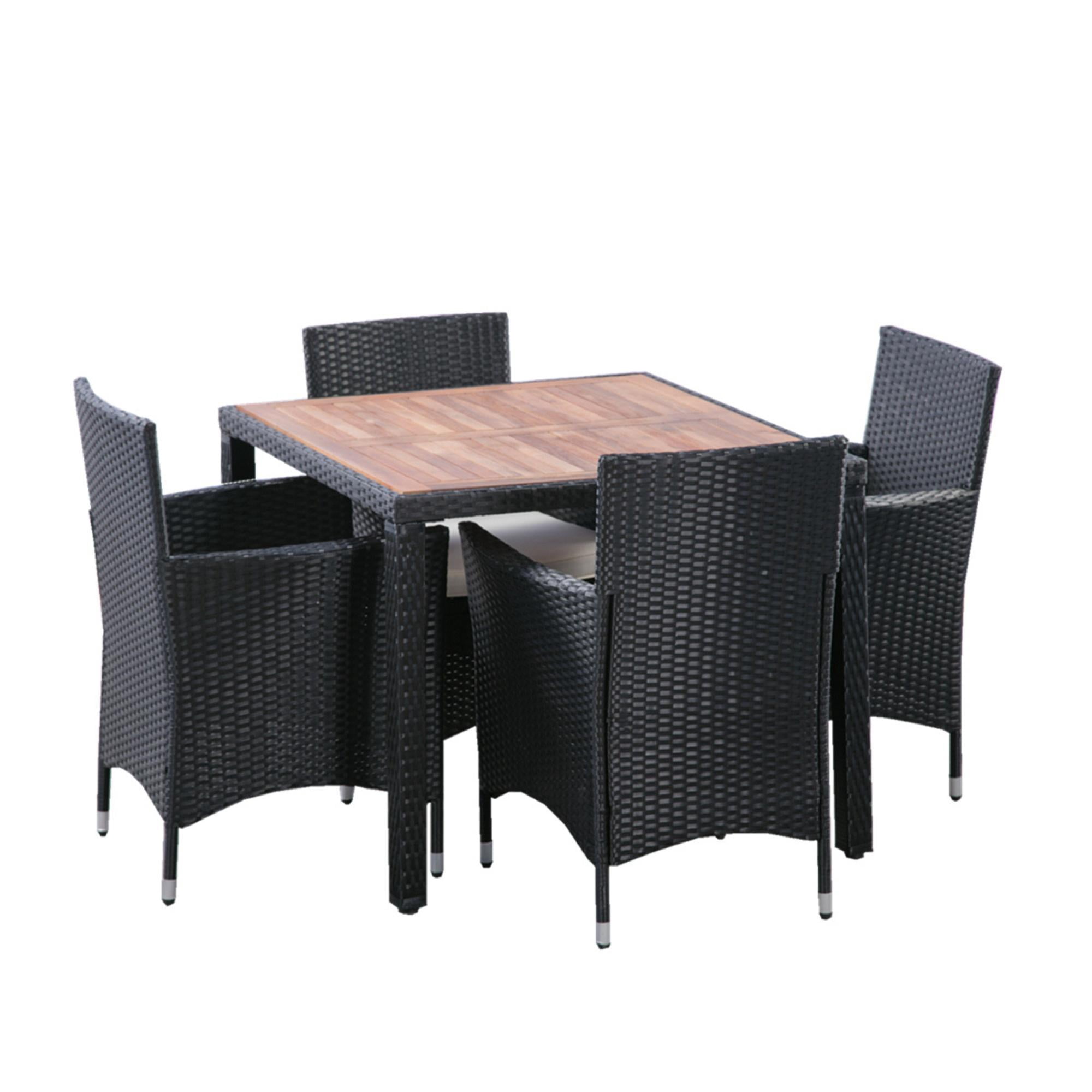 Seizeen Outdoor Dining Table Set 5 Pieces, Patio Rattan Dining Table & Chair w/ Wooden Top & Padded Cushions, Deck Furniture Conversation Set for Garden Porch Backyard