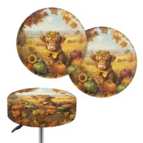 Renewold Highland Cow Stretch Stool Cover Pumpkin Maple Leaf Furniture Protector 12-14 Inch Soft Elastic Bar Stool Cover Washable Slipcovers Fall Decor, 2 Count