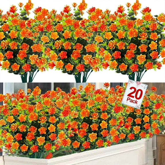 20 Bundles Artificial Flowers for Outdoor Decoration, Fall Decoration UV Resistant Faux Outdoor Plastic Greenery Shrubs Plants Fake Flowers Home Garden Fall Decor(Orange Red)