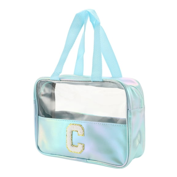 Unique Bargains 1 Pc Women Clear Letter C Makeup Bag for Vacation Outdoor Activities Blue PU