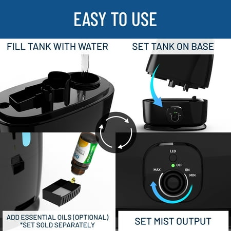 Everlasting Comfort Ultrasonic Cool Mist Humidifier for Bedroom (6L), Filterless Large Room Humidifiers, Lasts 50 Hours With Essential Oil Diffuser Tray, Quiet, Small Air Vaporizer (Black)