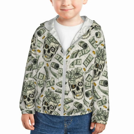 

Rash Guard for Boys Girls - Skull with Cash Lightweight Long Sleeve Sun Protection Jacket Hooded Cooling Swim Shirt with Zipper for Toddler Kids Children