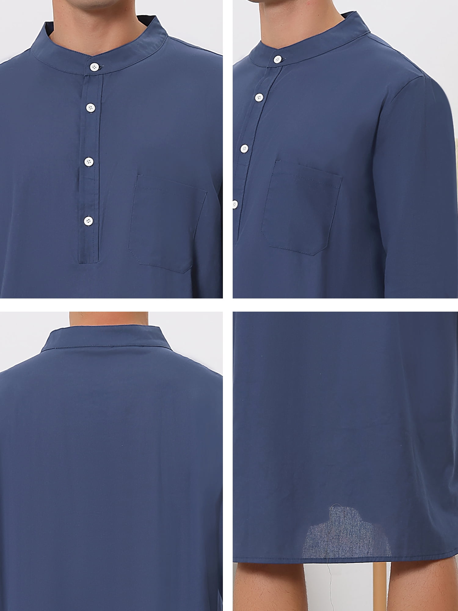 Unique Bargains Men's Banded Collar Nightshirt Sleep Shirt Nightgown L Navy