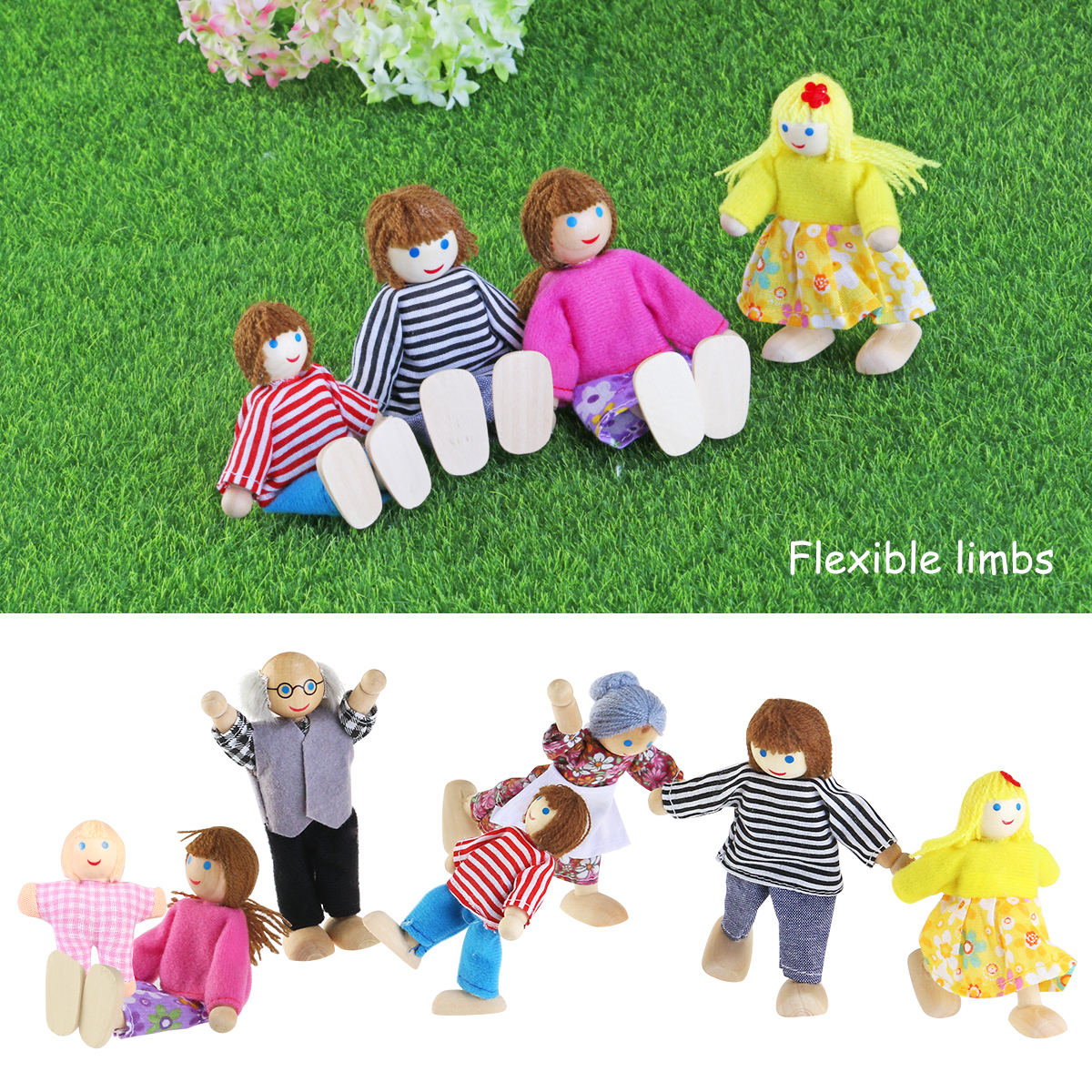 7Pcs Wooden Dollhouse Family Set Pretend Play Figures Accessories for Pretend Dollhouse Toy - image 3 of 9