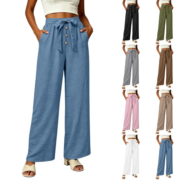 Admvng Women's Cotton Pants with Pockets High Waist Bow Tie Wide Leg Casual Trousers