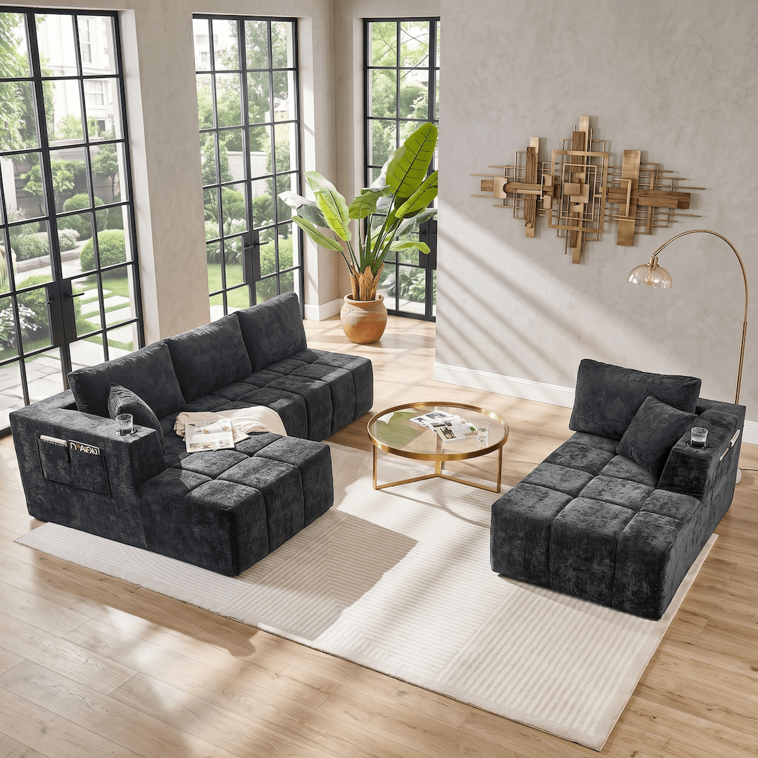 132" Modular Cloud Couch Sectional Sofa, U-Shaped Chenille Sectional with Double Chaise, Cup Holders & Side Pockets, Modern Oversized Sofa for Living Room, No Assembly, Black