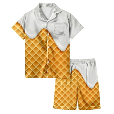 Yuncity Kids Outfit Short Sleeve Lapel Graphic Print Tops With Shorts 2 Pieces Set Homewear Casual Soft Sleep Wear Toddler Girls Clothes Set Size 10-11 Years White