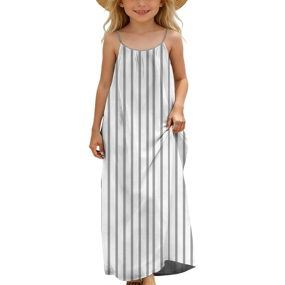 Ashyfjp Girls Dresses Casual Striped Printed Sleeveless Camisole Pajamas with Drawstring, Trendy Loose Comfortable Breathable Sundress for Girls, Size 5-14