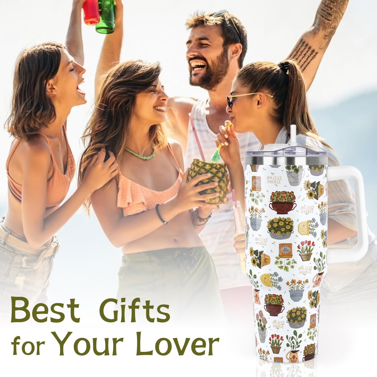 Flower Pot Tumbler with Handle and Straw Lid 40 oz,Cute Spring Summer Gift for Women Men Vacuum Insulated Leak Proof Stainless Steel Coffee Cup Mug