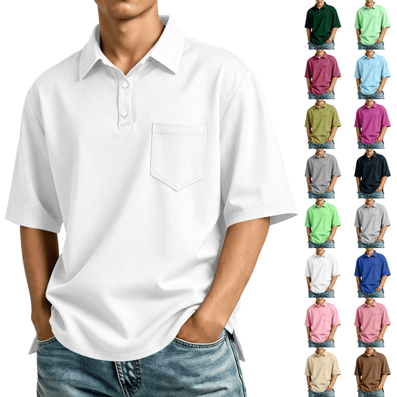 Men's Polo Shirts Short Sleeve with Pocket Cotton Pique T-Shirts 3 Buttons Casual Polo Moisture Wicking Golf Shirts White L