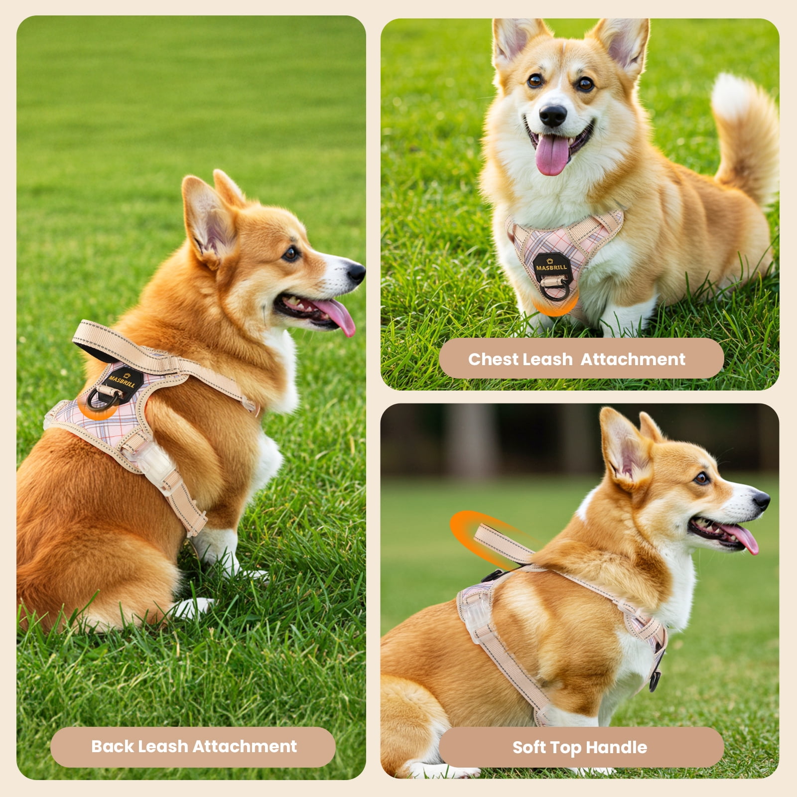 MASBRILL No Pull Dog Harness Reflective Dog Vest Harness with Handle , Breathable Padded Dog Chest Harness Adjustable for Small Dog,New Striped-Beige