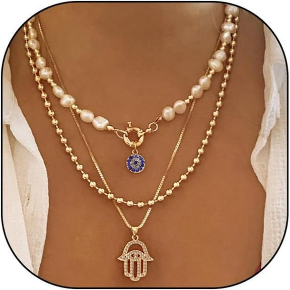 YMCSTONEMA Layered Evil Eye Necklace For Women Dainty 14K Gold Pearl Beaded Choker Necklaces Stacking Rhinestone Hamsa Evil Eye Pendant Necklaces Jewelry Gifts[xl5744]