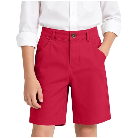 MGDXOX Girls Classic Solid Color Chino Shorts Button Zip Closure Straight Leg Casual Bottoms Simple Stylish Design for School Uniform Daily and Formal Occasions Red 9 Years