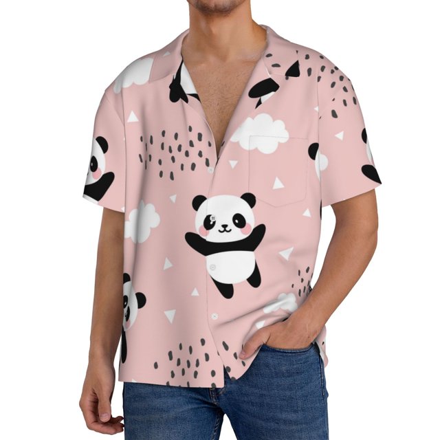 Balery Panda Camisa Casual de Manga Corta con Botones para Hombre, Texturizada, Estilo Cubano, para Playa, Verano-Small