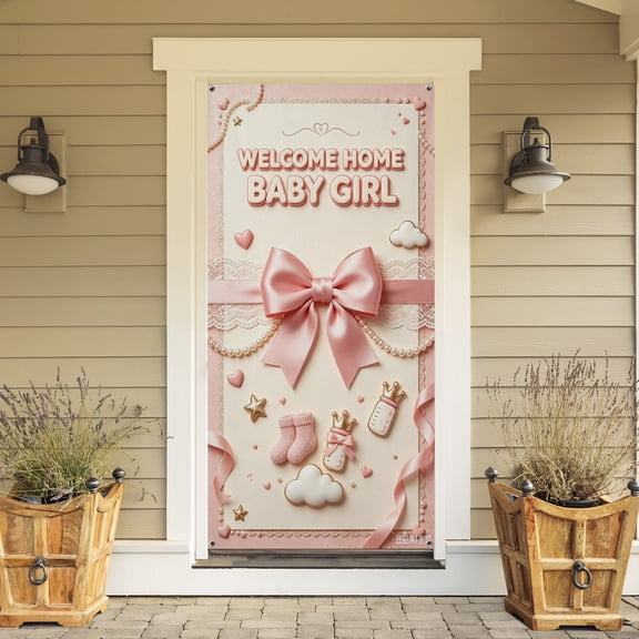 Welcome Baby Door Banner Welcome Home Baby Girl Door Cover with Pink Bow for Its A Girl Banner Baby Shower Favors Gender Reveal Party Decorations Newborn Celebration