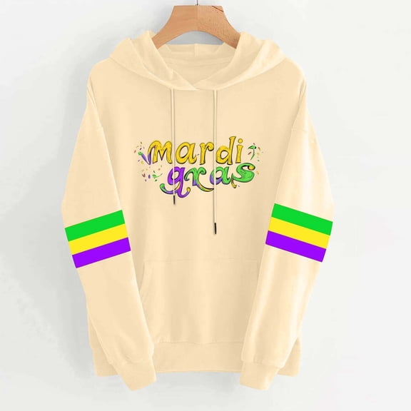 Uootdi Mardi Gras Sweatshirt for Women Funny Stylish Holiday Mardi Gras Print Graphic Hooded Tops Carnival Party Long Sleeve Pullover with Pockets Gift