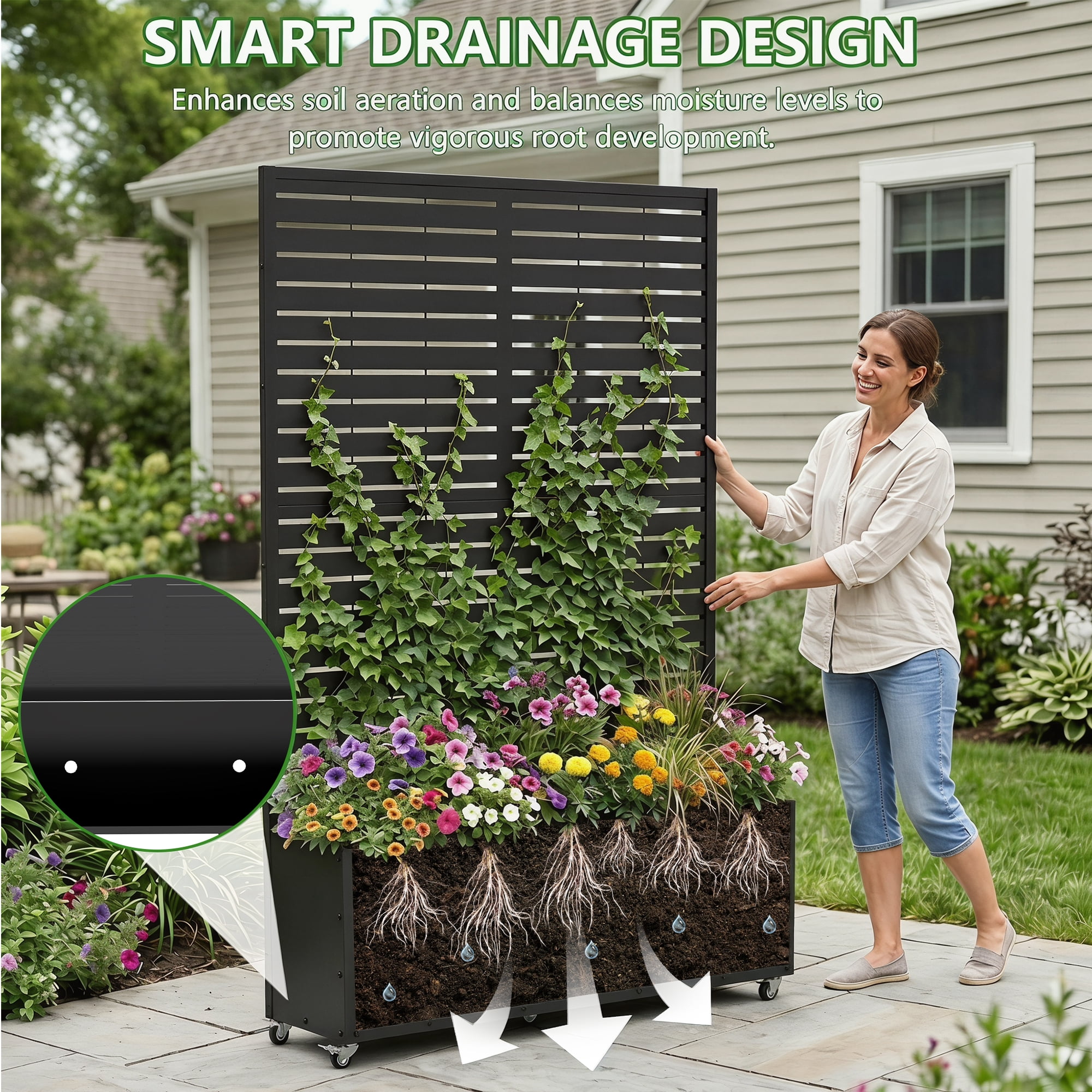FOOWIN 71" H Metal Planter with Trellis and Wheels, Outdoor Raised Garden Bed for Climbing Plants, Trellis Planter Box with Drainage Hole, Black