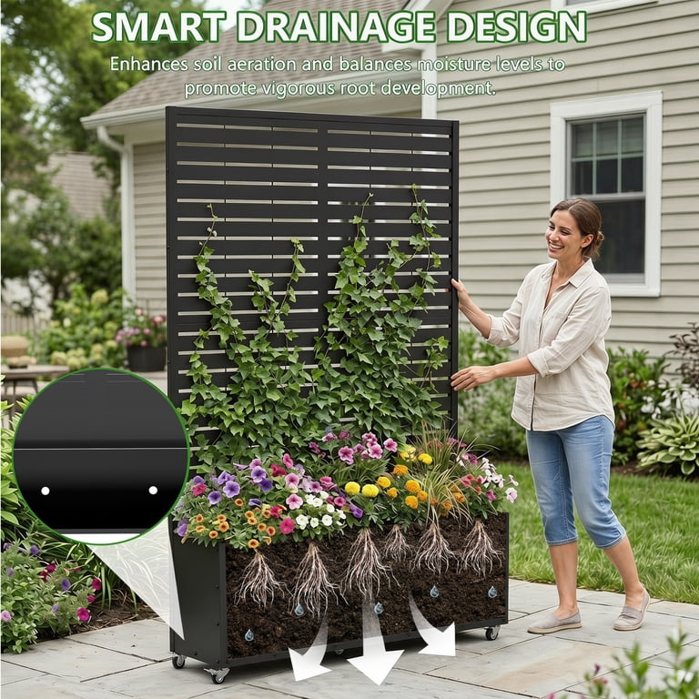 FOOWIN 71" Metal Trellis Planter with Wheels, Black photo 7