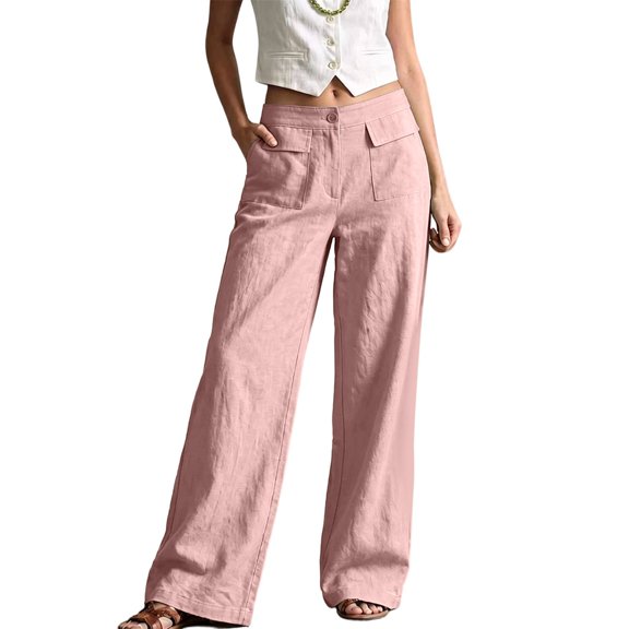 hlysgo Womens Wide Leg Linen Pants Trendy Straight Leg High Waisted Dress Pants Business Casual Work Trousers with Pockets Pink,M
