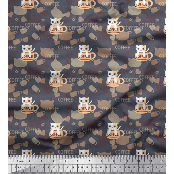 Soimoi Cotton Duck Fabric Heart,Coffee Cup & Cat Kids Fabric Prints by Yard 42 Inch Wide